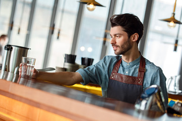 Fototapeta premium Professional Occupation. Bartender standing at counter serving glass smiling joyful