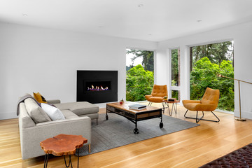 Beautiful living room in new contemporary style luxury home. Features hardwood floors, fireplace...