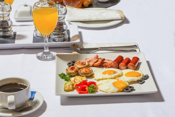 Ham and eggs breakfast served in restaurant