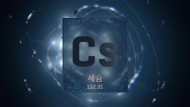 Cesium as Element 55 of the Periodic Table. Seamlessly looping 3D animation on blue illuminated atom design background orbiting electrons name, atomic weight element number in Korean language