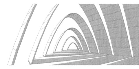 Abstract architecture background arched interior minimalism style pencil graphic drawing 3d illustration