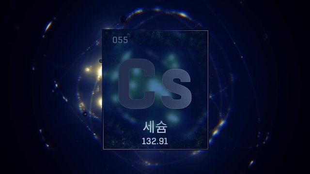 Cesium as Element 55 of the Periodic Table. Seamlessly looping 3D animation on blue illuminated atom design background orbiting electrons name, atomic weight element number in Korean language