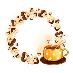 Round frame made of cookies of hearts in dark and white chocolate icing and an orange cup in polka dot pattern with hot coffee. Cartoon food and drinks. Watercolor textural background.