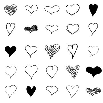 Set of fifteen hand drawn heart. Hand drawn hearts isolated on white background. Vector illustration for your graphic design