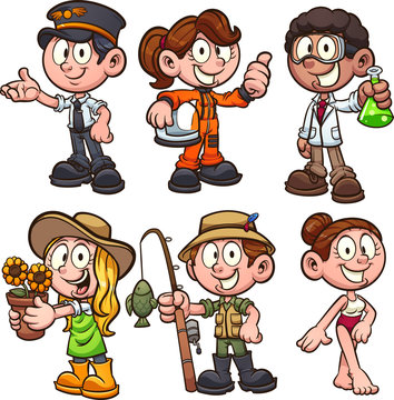 Girls and boy wearing different occupations costumes. Vector cartoon clip art illustration with simple gradients. Each on a separate layer.