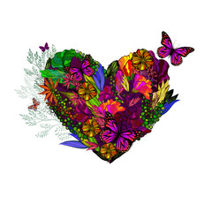 The heart with flowers and with butterflies. Happy Valentine's Day. Vector