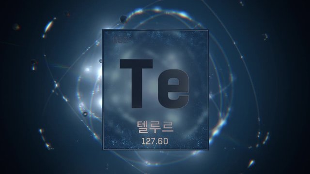 Tellurium as Element 52 of the Periodic Table. Seamlessly looping 3D animation on blue illuminated atom design background orbiting electrons name, atomic weight element number in Korean language