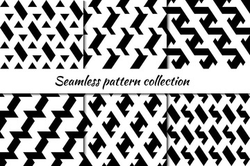 Seamless patterns collection. Triangles, figures backgrounds set. Triangular shapes, forms ornaments. Folk backdrops kit
