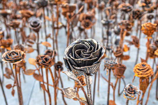 Wrought iron roses on a concrete lawn
