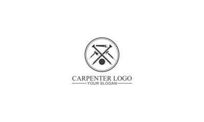 Capenter industry logo design, Vintage carpentry or mechanic plane axe and saws wood working workshop handyman logo template vector icon illustration