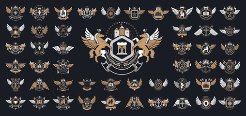 Heraldic Coat of Arms vector big set, vintage antique heraldic badges and awards collection, symbols in classic style design elements, family or business logos.
