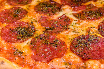 Background of the pizza with salami sausage and parmesan cheese