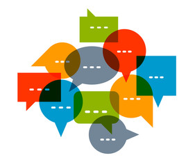 Different speech bubbles composition vector flat design isolated on white, global communication concept, public discussion or opinion diversity metaphor, conference or brainstorming.