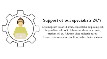 The technical support specialist communicates with the client via the headset. The gears of the mechanism start the production of cash flow. Call center specialist online consultation.