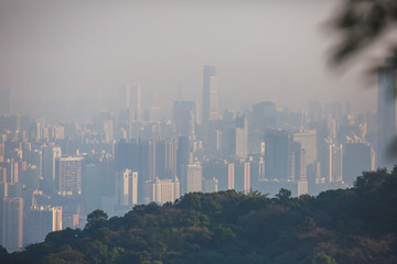 View of Guangzhou city with Zhujiang New Town from White Cloud Mountain, Baiyun Mountain, Guandong, China, sunny summer day