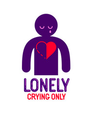 Man icon with half heart lonely and missing his mate lover girlfriend, divorce breakup and loneliness vector concept symbol, stylish illustration of broken relations.
