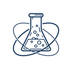 Chemical flask and atom vector simple linear icon, science chemistry line art symbol, laboratory research.
