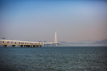 Shenzhen Bay Bridge under the blue sky, cable-stayed bridge from Shenzhen to Hong Kong with highway