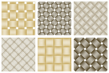 Seamless vector weaving patterns set, linear backgrounds with crossed lines, textile knitted repeat tiling wallpapers, perfect simplistic minimal designs.