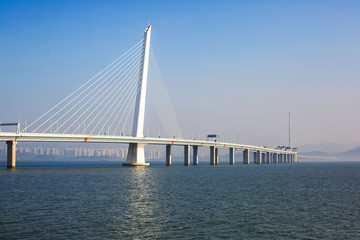 Shenzhen Bay Bridge under the blue sky, cable-stayed bridge from Shenzhen to Hong Kong with highway