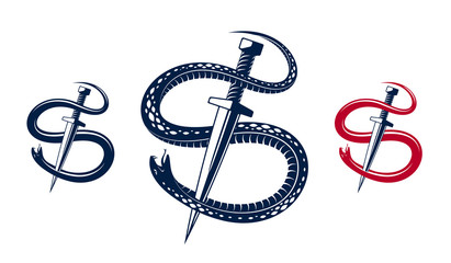 Dagger kills a Snake, defeated Serpent wraps around a sword vector vintage tattoo, Life is a Fight concept, life is no bed of roses, allegorical logo or emblem of ancient symbol.