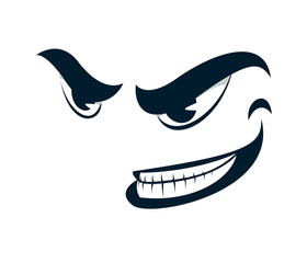 Funny cartoon angry sneering face vector smile illustration isolated on white, facial expression illustration.