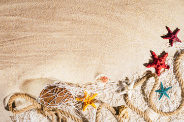 Background with sandy beach, top view. Summer accessories concept