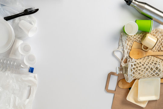 the problem of emvironmental pollution, plastic dish versus eco natural organic dish on the table, flat lay on color surface