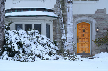 front door of house with snow covered pine bush