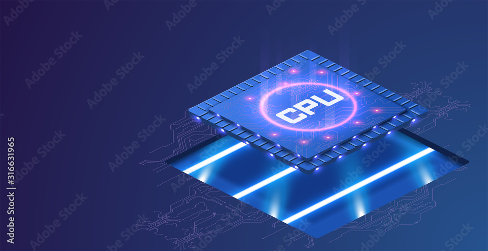 Poster futuristic microchip processor with lights on the blue background. microchip processor with lights e