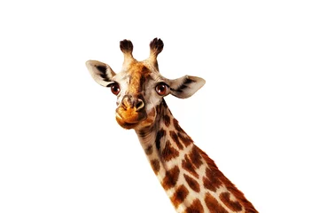 Gardinen Happy simple isolated on white head portrait of giraffe with long neck © Sergey Novikov