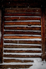 closeup background of old wood planks under snow