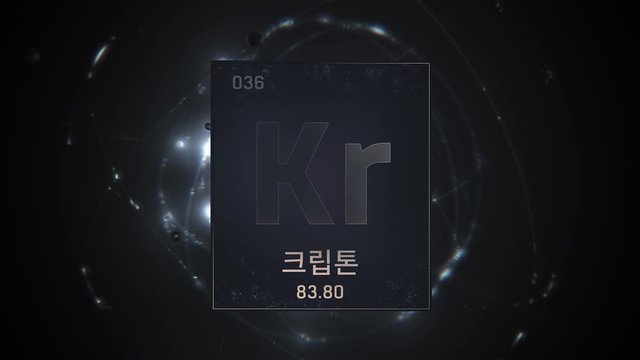 Krypton as Element 36 of the Periodic Table. Seamlessly looping 3D animation on silver illuminated atom design background orbiting electrons name, atomic weight element number in Korean language