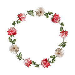 Floral round frame with cream and red flowers roses and green leaves on white background. Copy space.Hand drawn.Wreath for valentines day greeting card design, wedding invitation. Vector illustration.