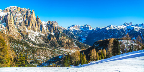 Dolomites mountains ski resort in winter, Italy
