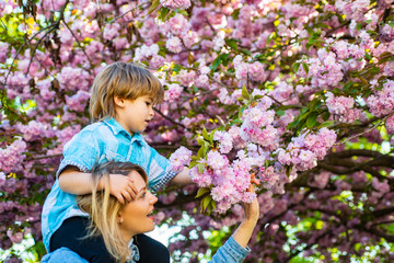 Mothers day. Mother and son. Happy mother giving shoulder ride on his shoulders in sakura garden.