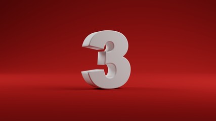 Number Three in white on Red background, 3D illustration