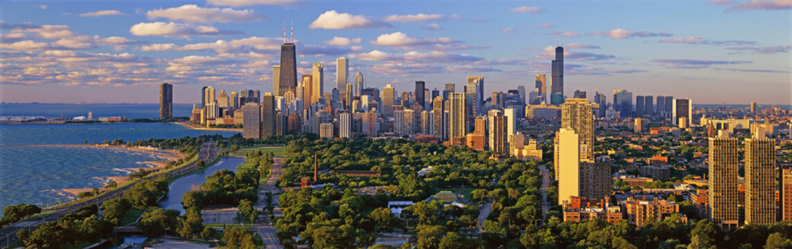 Chicago Skyline, Chicago, Illinois shows amazing architecture in panoramic format