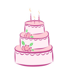 Three-layer cake with flowers. Color vector illustration. Hand-drawn and isolated on a white background. Sweet dessert