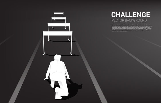 Silhouette Businessman Ready To Run Across Hurdles Obstacle. Background Concept For Obstacle And Challenge In Business