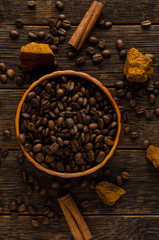 Mushroom Chaga Coffee mushrooms and coffee beans on dark background