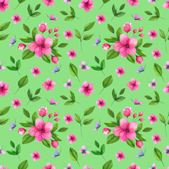 Beautiful spring flowers seamless pattern. Hand drawn watercolor flowers on light green background. 