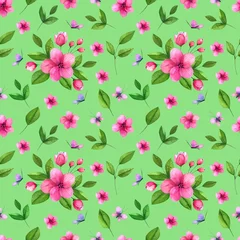 Fotobehang Beautiful spring flowers seamless pattern. Hand drawn watercolor flowers on light green background.  © Nataliya
