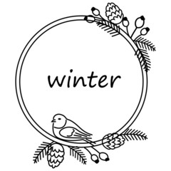 ornament with floral elements in a circular frame with a bird, pattern for Christmas card in black and white