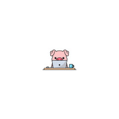 Cute pig working on a laptop, vector illustration