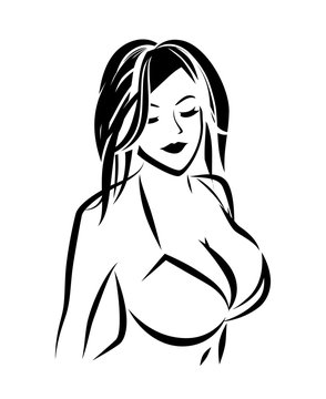 recommend clip art: Nude Girl in Swimsuit, Outline vector illustration of Lady in bra for Lingerie shop or Women Breast Surgery clinic.