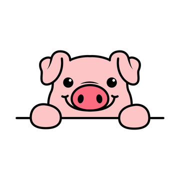 Cute pig paws up over wall, pig face cartoon icon, vector illustration