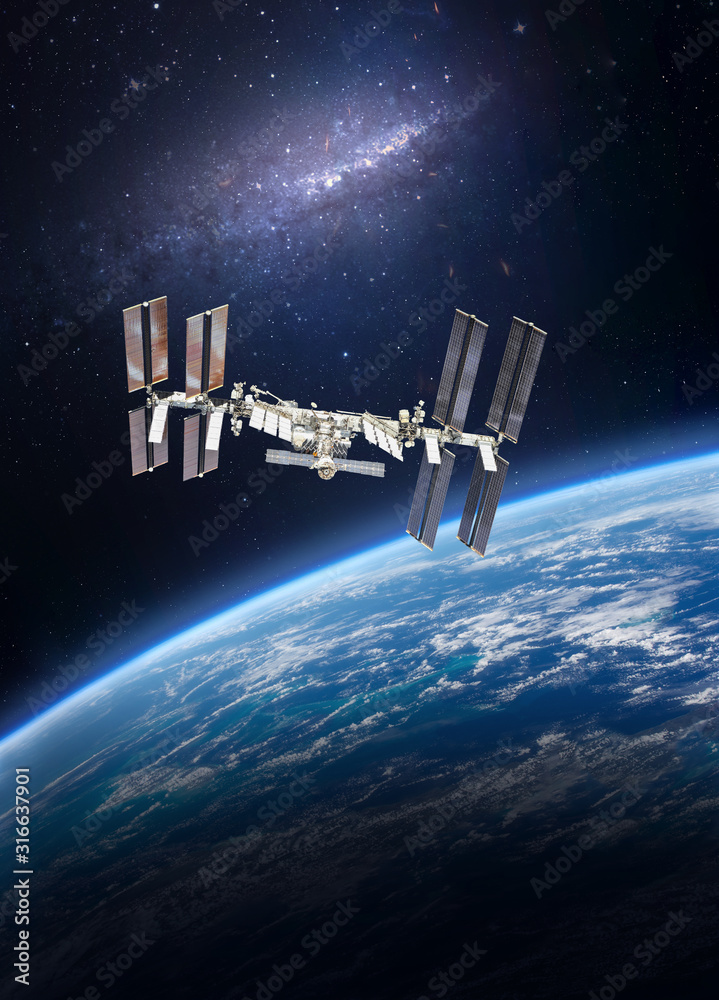 Poster international space station. iss on orbit of the earth planet. elements of this image furnished by n