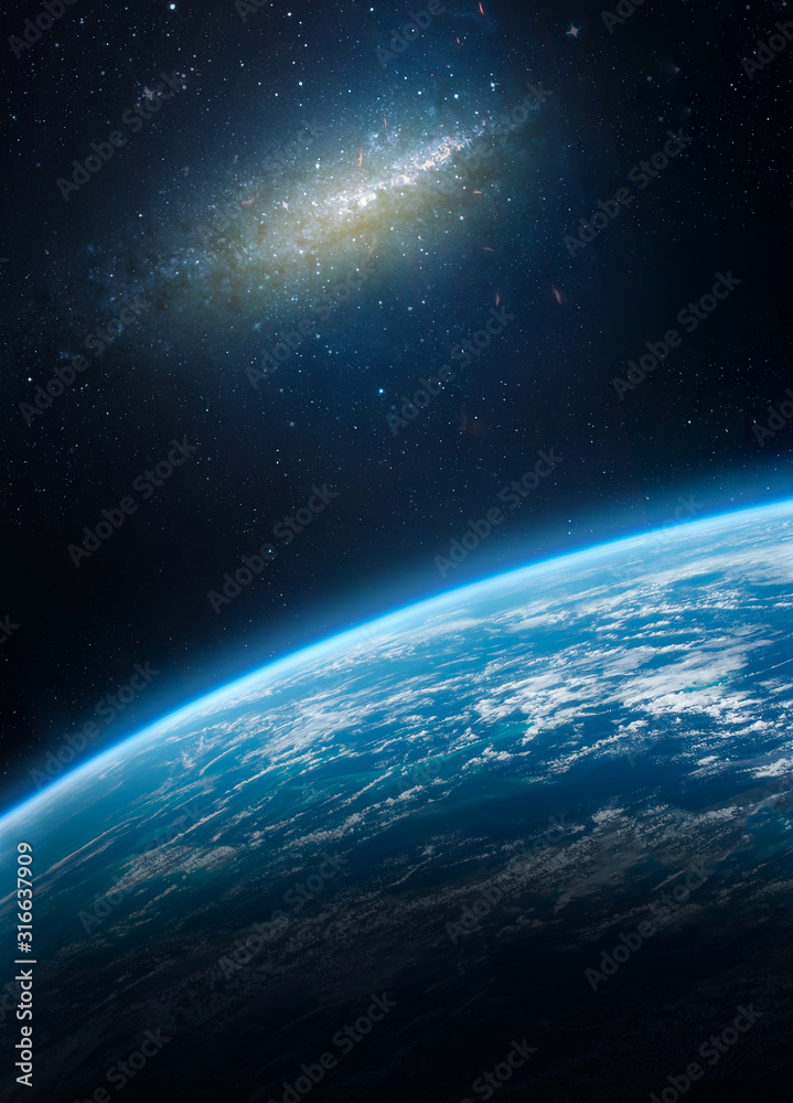 Poster Planet Earth in outer space. Stars and galaxies on background. Nebula. Elements of this image furnished by NASA	