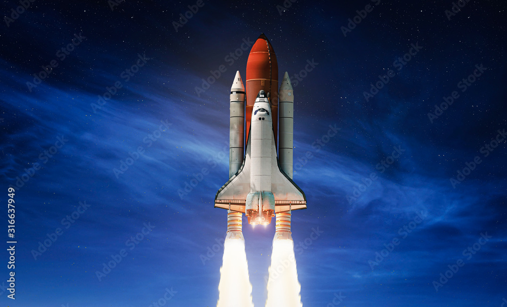 Sticker space shuttle on dark sky with clouds background. gradient. rocket take off from planet earth. space